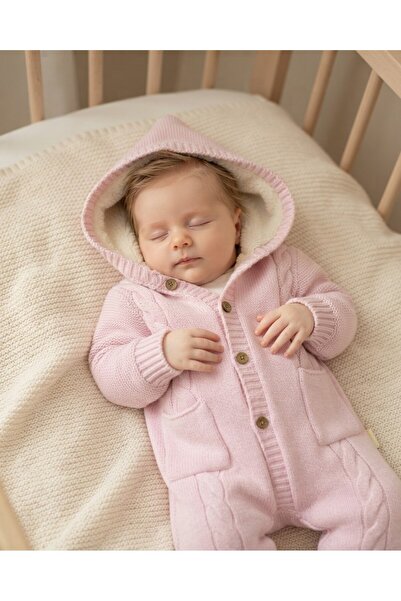 Ege Bebek Winter Knitwear Baby Romper, Welsoft Inside, Buttoned, Hooded, Thic...