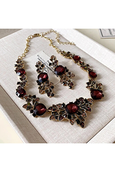 Choice brown Vintage Leaf Necklace Earrings For Women Brown Crystal Earrings ...