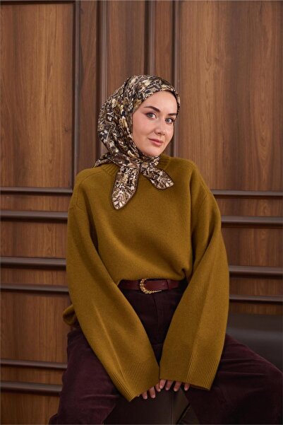 Silk Home وشاح حريري من التويل أسود-كاكي بنمط توك دورسي غير قابل للانزلاق 90x90