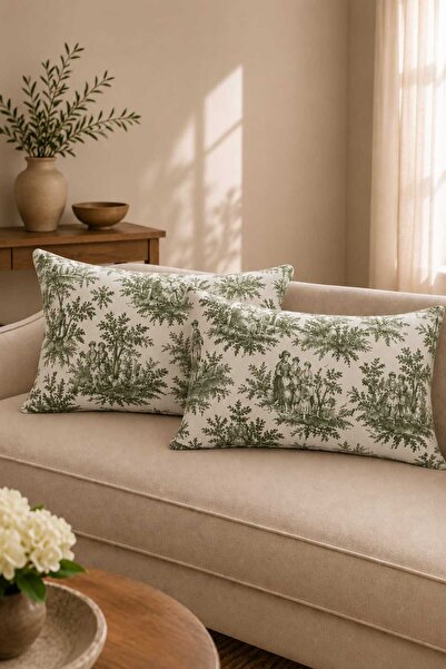 linea natura home Yeşil Duck Kumaş Fransız Köylüler Desenli Dekoratif Kırlent...