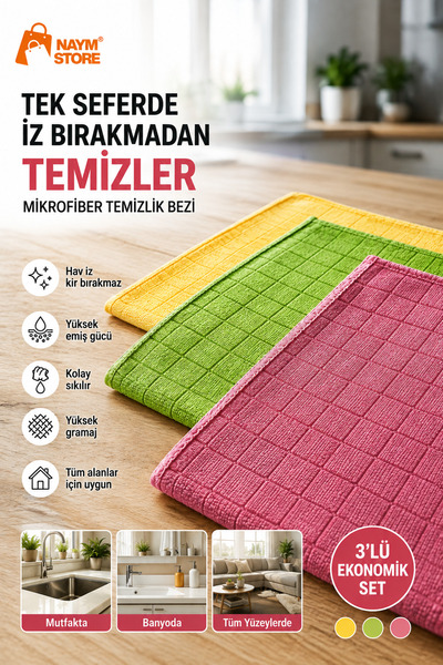 Suff ( 3 Adet ) Mikrofiber Mutfak Temizlik Bezi 40*40 Cm Leke Tutmaz Koku Yap...