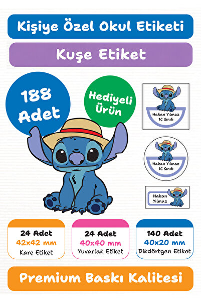 repro design 188 Adet Stitch Şapkalı Kişiye Özel Okul Etiketi Kalem Defter Ki...