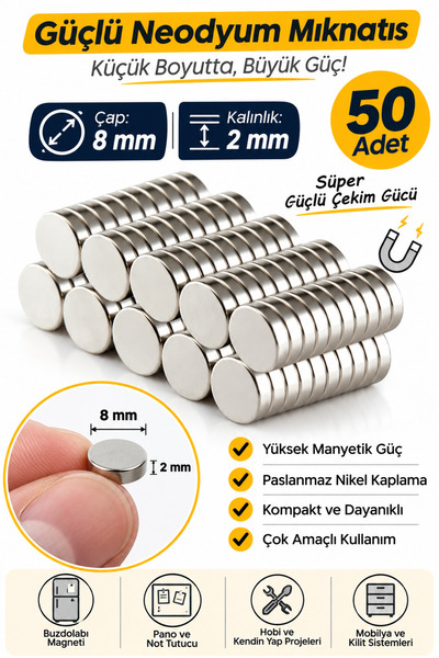 Dünya Magnet 50 Adet Çap 8mm X Kalınlık 2mm Güçlü Yuvarlak Neodyum Mıknatıs