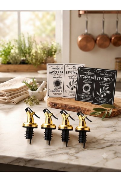 Trend Home Life 4 Adet 1. Kalite Gold Damlatmaz Yağdanlık Tıpası 4 Adet Suya Dayanıklı Etiket Sticker 7x10cm
