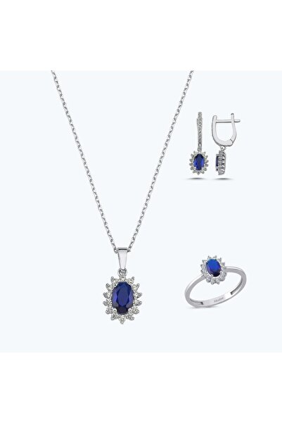 Altınbaş Mavi Taşlı Altın Üçlü Oval Set