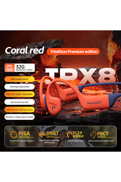 POLVCDG سماعات سباحة بتقنية التوصيل العظمي Coral Red-X16 مقاومة للماء IPX8 مع...