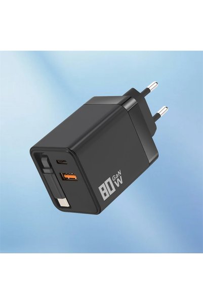 Choice شاحن سريع USB C بقوة 80 واط من نوع GaN مع كابل قابل للسحب، محول شحن لل...