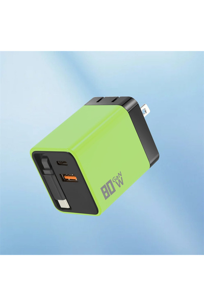 Choice Green US Plug 80W GaN USB C Fast Charger Retractable Cable Phone Charg...