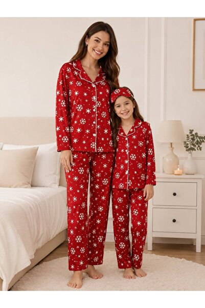 Fil Kids Anne-Kız Çocuk Pijama Takımı Pamuklu Kumaş Süet Kırmızı Kar Tanesi D...