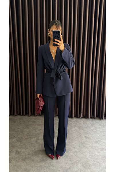 ZF BUTİK Damen-Blazer-Jacke mit Gürtel und Hosenanzug in Marineblau