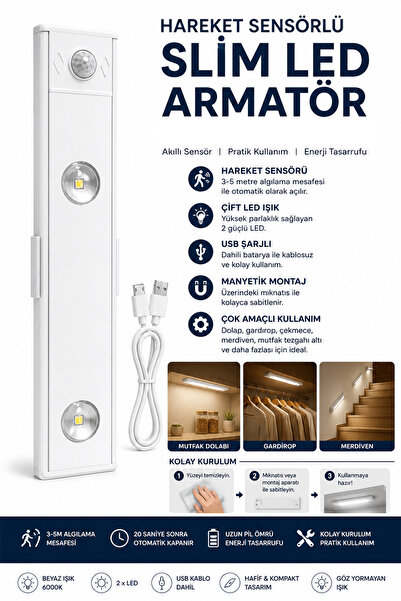 Neo Vista Slim Led Kabin Armatürü Hareket Sensörlü Dekoratif Gece Lambası Usb...