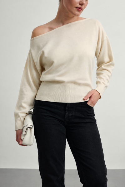 Gülce moda Women's Slim Mercerized Asymmetrical Cut Boat Neck Knitwear Sweater