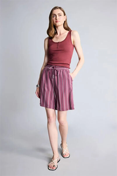 DeFacto High Waist Wide Leg Striped Elastic Waist Burgundy Shorts L7411Az26Sm