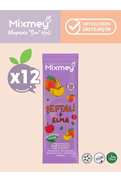 mixmey Şeftali Meyve Barı 12 Adet | Sağlıklı Atıştırmalıklar – Vegan, Glutens...