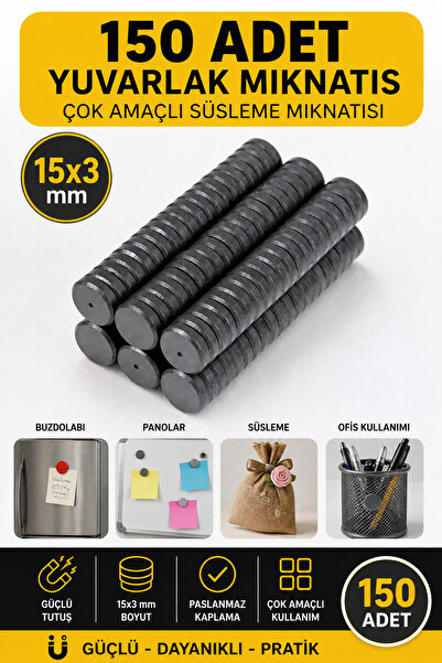 Dünya Magnet 150 Adet 15x3 mm Yuvarlak Mıknatıs Güçlü Süsleme Magneti Çok Amaçlı