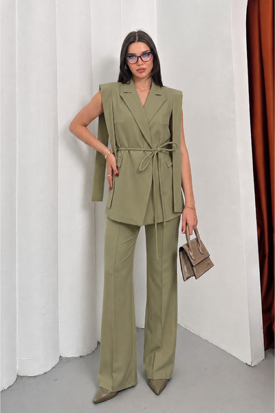 AKD Atelier Women's Top and Bottom Double Suit Shoulder Detailed Belted Vest ...