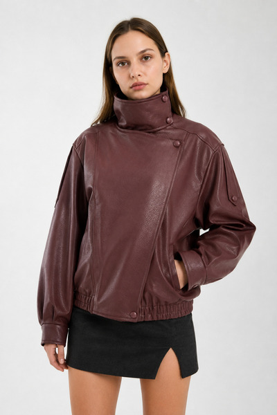 İLKCET MODA High Collar Burgundy Women's Oversize Jacket with Shoulder Detail