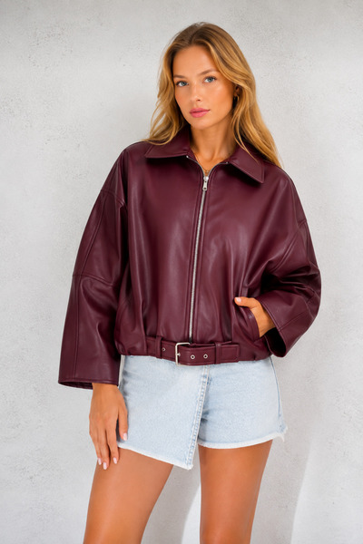 İLKCET MODA Oversize Belted Burgundy Bomber Women's Jacket