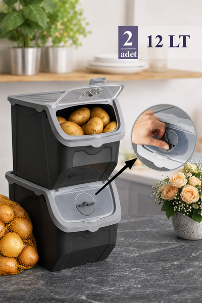 Mutfak Köşesi Coral 12 Litre 2'li Soğan Patates Saklama Kutusu Siyah-gri Pata...