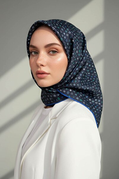 Vissona %100 Twill İpek Çıtır Motif Desenli Lacivert - İndigo Renkli 90x90 Eş...