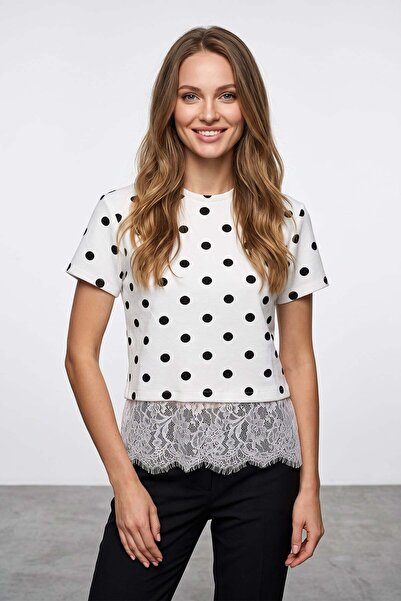 Fulla Moda Polka Dot Skirt Lace T-Shirt
