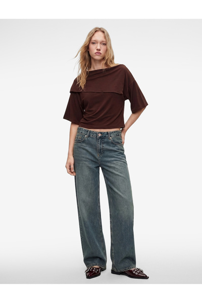 Koton Viscose Blended Layered Collar Off-The-Shoulder Bat Sleeve Blouse