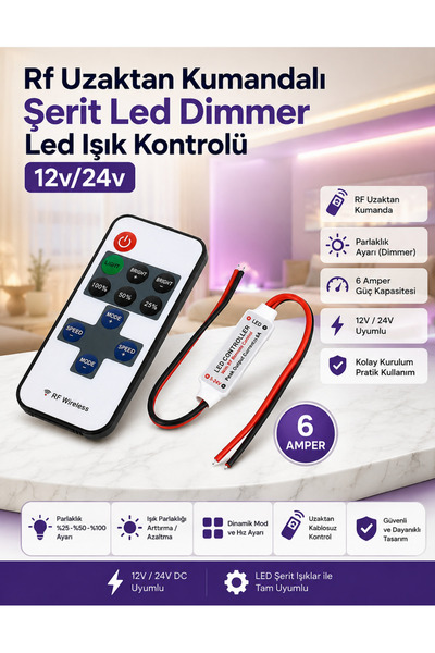 Unichrome Rf Uzaktan Kumandalı Şerit Led Dimmer Led Işık Kontrolü 12v/24v 6A