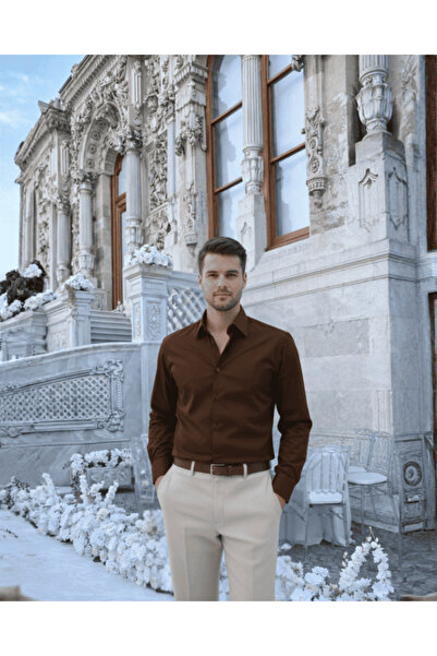 Beystil Slim Fit Kahve Saten Gömlek