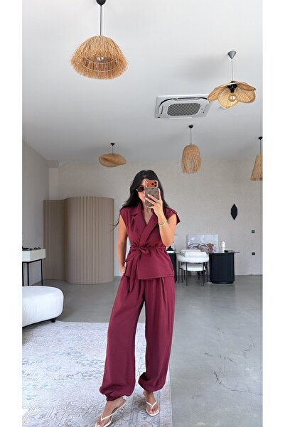 Buket Teke Burgundy Collared Belted Vest and Shalwar Set