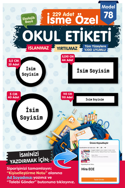 t tuğset etiket Okul Etiketi Kalem Defter Etiketi Özel Isim Yazılabilen Etike...