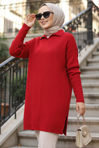 Neva Style κοτλέ Κόκκινο Τζιλάτσι Πλεκτό Τούνικ 65903Κ