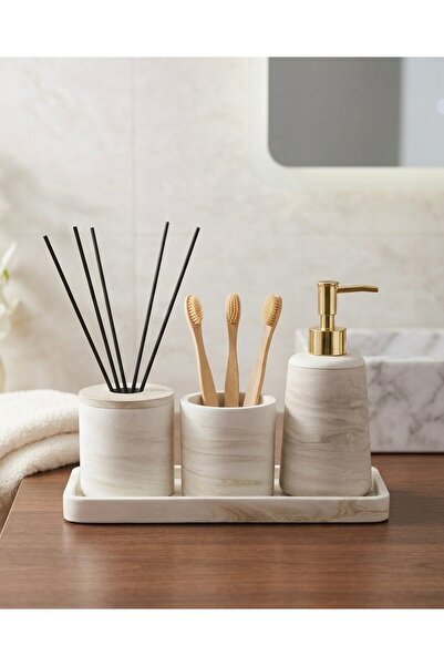 ALPİ HOME 4’lü kare tepsili silindir bej banyo seti