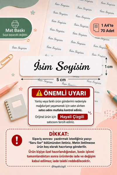Hayali Çizgili Kişiye Özel İsim Etiketi Mat Baskı 5x1 cm 70 Adet A4 Okul İsim...