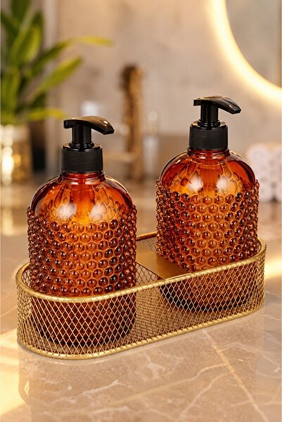 ANGDESİGN Yıldız Glass Liquid Soap Dispenser Set of 2 - Metal Gold Stand - Am...