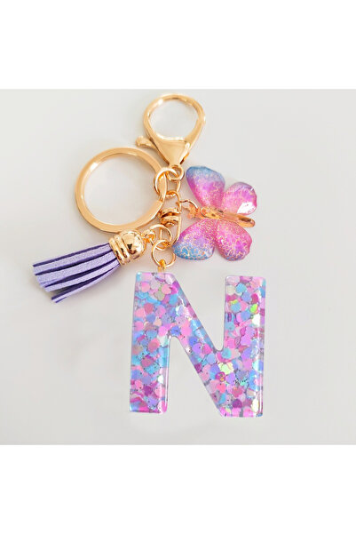 Choice N Fashion butterfly Fringe Initial Keychain Drop Glue Blend Sequin A-Z...