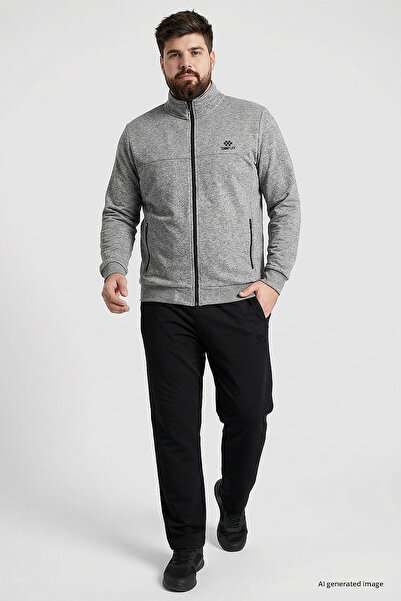 TOMMY LIFE Gray Melange - Black Stand Collar Oversized Men's Tracksuit Set - ...