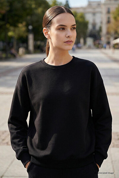 TOMMY LIFE Black Basic O Neck Oversized Women's Sweatshirt - 97053