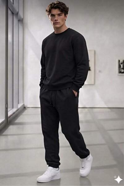 NO 601 Men's Black Plain Crew Neck Black Plain Sweatpants Set