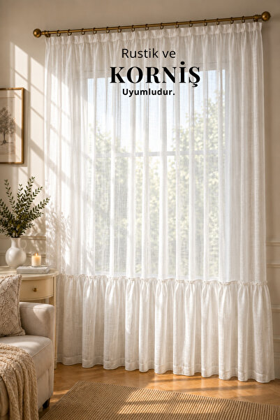perde plus Linen Tulle Curtain Skirt with Ruffle Design, Cornice and Rustic M...