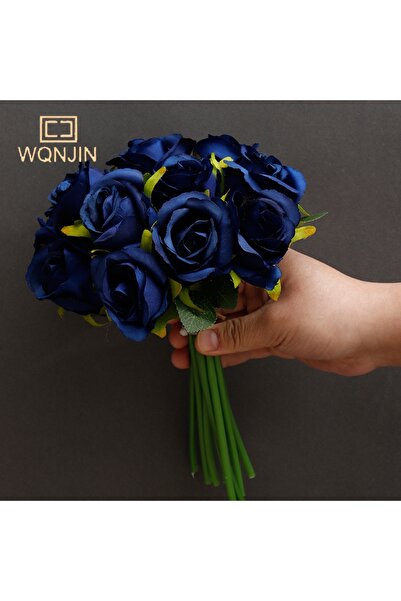 Choice4 dark blue WQNJIN Artificial Flower Bouquet 12 Heads Silk Rose Blue Fl...