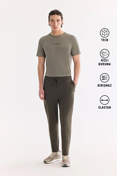 Avva Men's Khaki Elastic Waist, Side Zipper Pockets, Technical Fabric Jogger ...