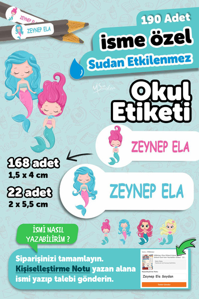 MSticker Okul Etiketi Kalem Defter isimli Etiket Isim Yazılabilen Sevimli Den...