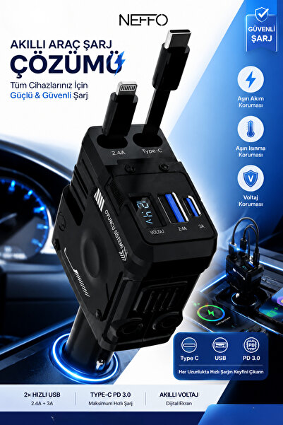 NEFFO 70W Çakmaklık Girişli Şarj Cihazı | Araç Şarj Cihazı | 3 USB + Type-C P...