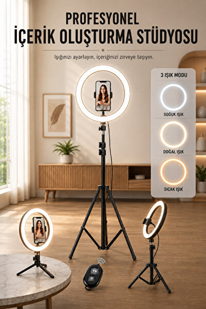 omitech LED Ring Light 210 cm Tripodlu Telefon Tutuculu USB Makyaj Canlı Yayın Video Işığı