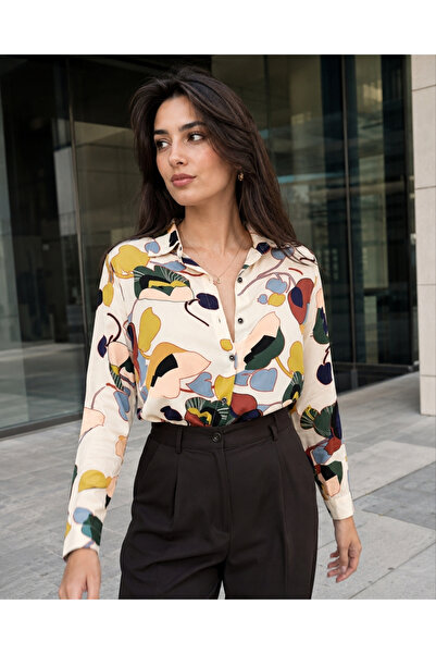 armonika Women's Cream Patterned Long Sleeve Shirt ARM-22K001123