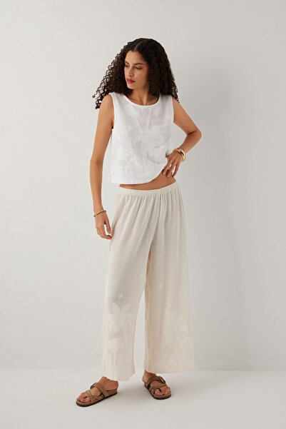 İpekçi Otantik Palm Tree Patterned Etamine Textured Women's Trousers Natural