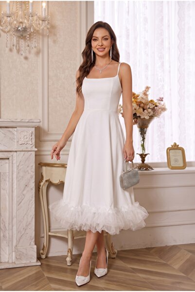 ALFUDO Moda Collection Kadın Beyaz Tül Detaylı Askılı Midi Boy Abiye Mezuniye...