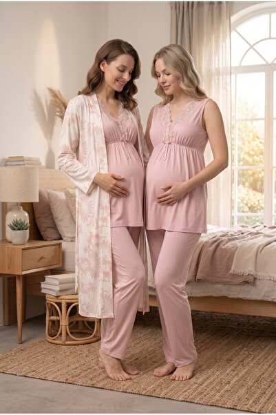 Lohusa Dünyasi Women's Powder Lace Patterned New Season 3-Piece Maternity Paj...