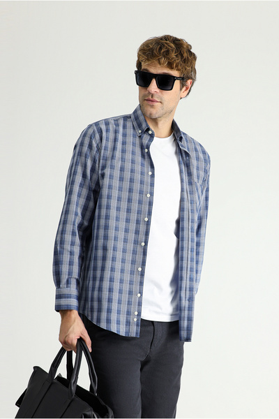 Kiğılı Long Sleeve Regular Fit Plaid Cotton Easy-Iron Shirt