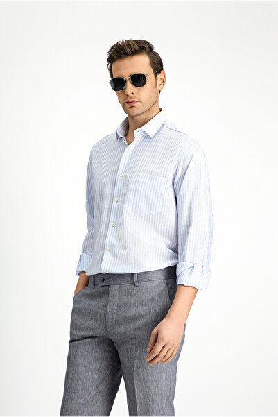 Kiğılı Long Sleeve Regular Fit Cotton Linen Blend Striped Shirt